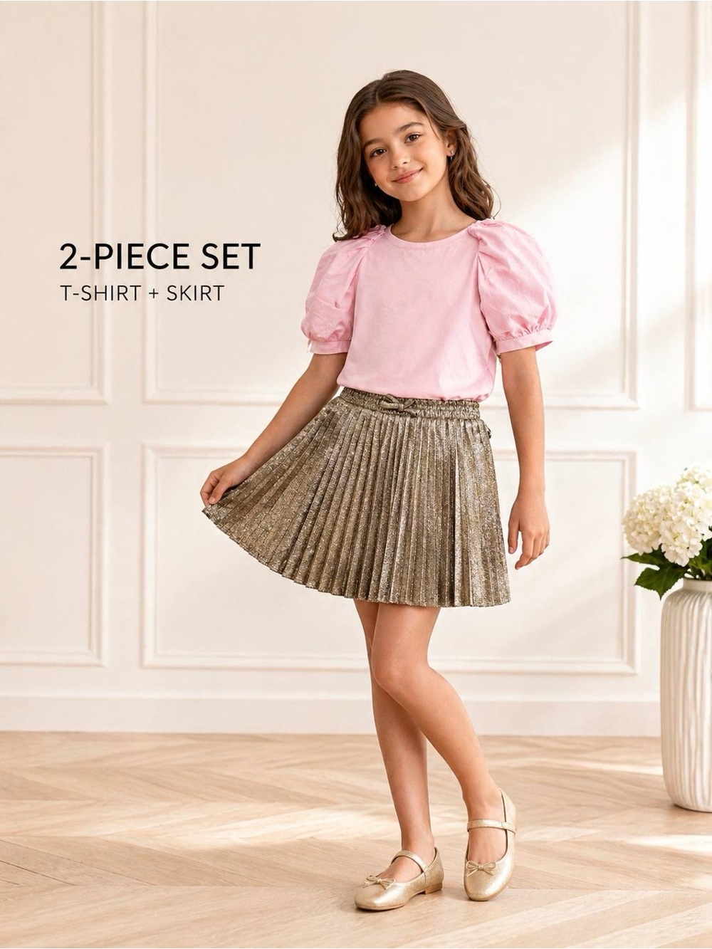 A Loves A Girls 2-Piece Set Pink Top Gold Pleated Metallic Skirt Size M 9-10Y